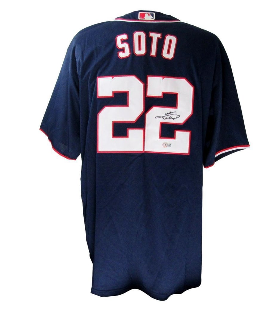 Juan Soto Signed Washington Nationals Navy Jersey Beckett Authenticated: Juan Soto Signed Washington Nationals Navy Jersey Beckett Authenticated This is a Juan Soto Autographed Washington Nationals Navy Majestic Baseball Jersey in Size XXL. The jersey features the official