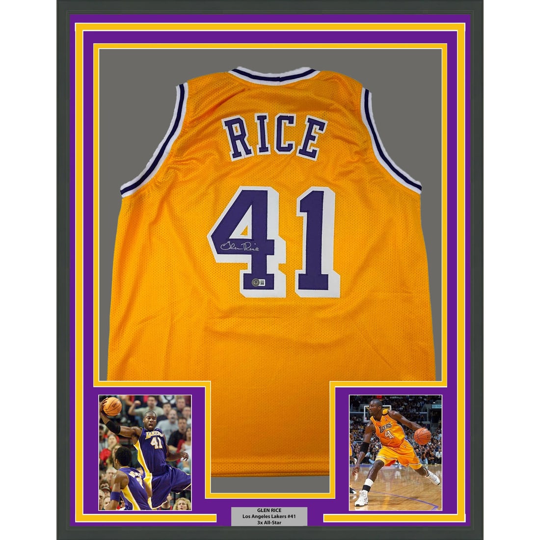 Framed Glen Rice Autographed Lakers Jersey 33x42 with Beckett COA: Framed Glen Rice Autographed Lakers Jersey 33x42 with Beckett COA Celebrate the legacy of Glen Rice with this stunning framed autographed yellow jersey from the Los Angeles Lakers. This original item