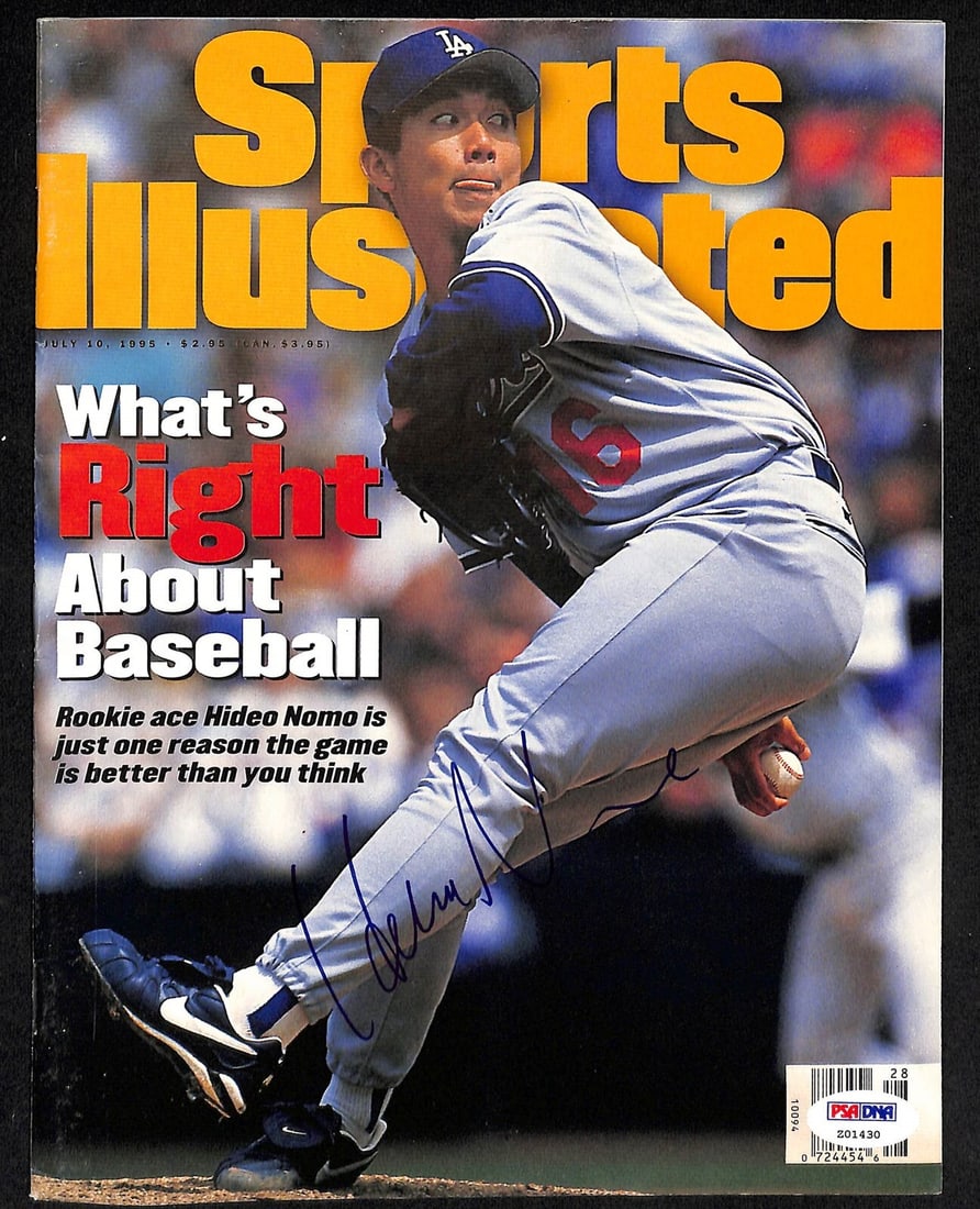 Hideo Nomo Autographed 1995 Sports Illustrated Dodgers PSA/DNA: Hideo Nomo Autographed 1995 Sports Illustrated Dodgers PSA/DNA Celebrate the legacy of baseball with this original 1995 Sports Illustrated magazine featuring Hideo Nomo, a celebrated pitcher of the Lo