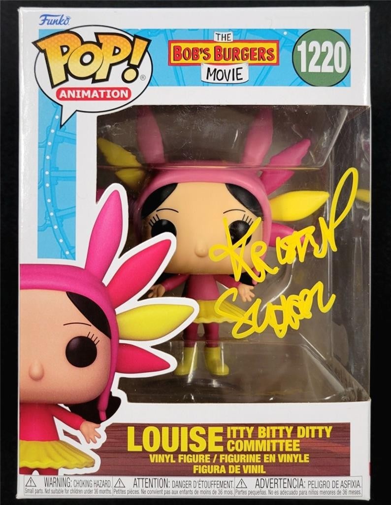 Louise Bob's Burgers Funko Pop 1220 signed by Kristen Schaal Beckett authenticated: Louise Bob's Burgers Funko Pop 1220 signed by Kristen Schaal Beckett authenticated This is a pre-owned Louise Funko Pop! Figure (#1220) from Bob's Burgers, signed by Kristen Schaal. The autograph is a