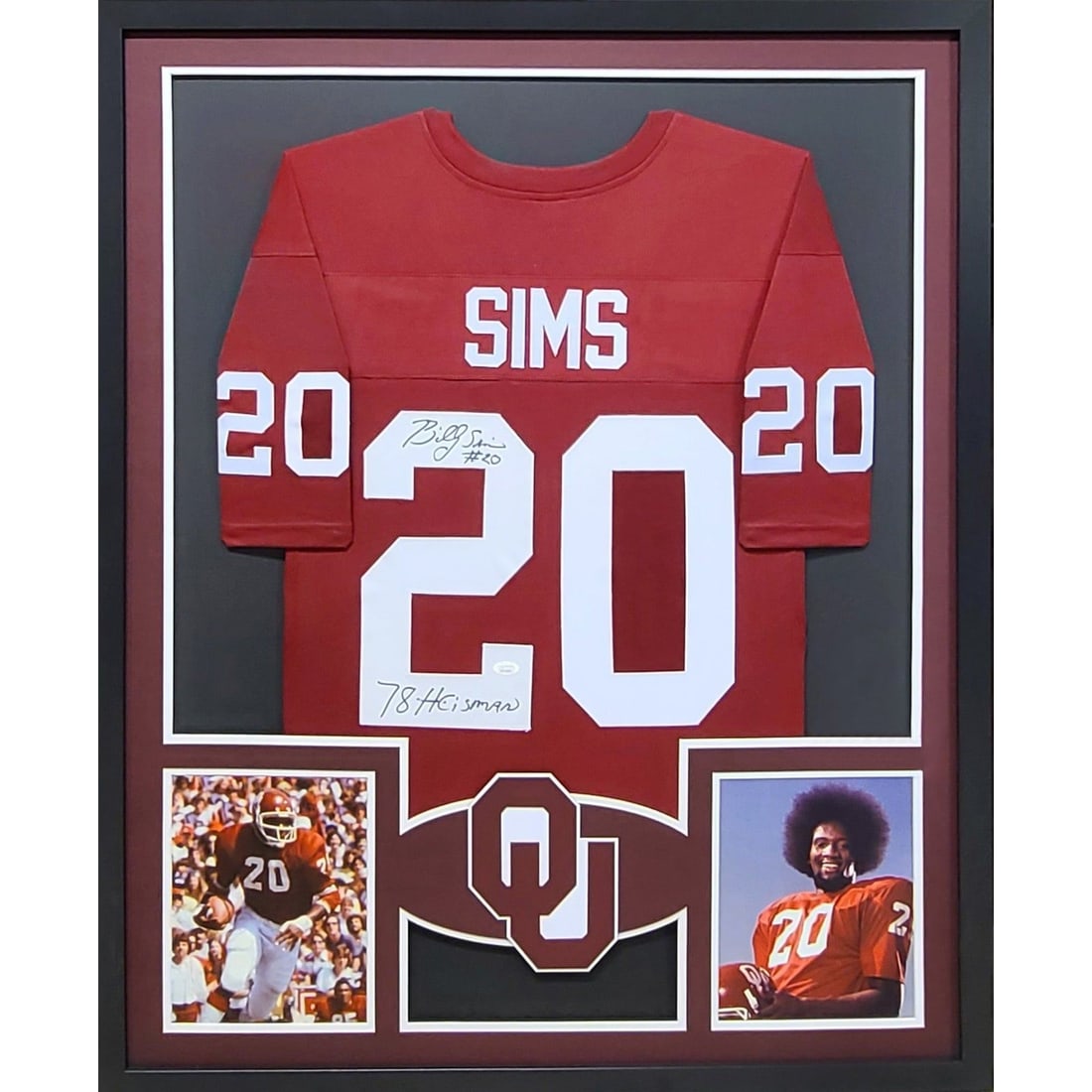 Billy Sims JSA Certified Signed Framed Jersey Oklahoma Sooners Heisman Trophy: Billy Sims JSA Certified Signed Framed Jersey Oklahoma Sooners Heisman Trophy Celebrate the legacy of Billy Sims with this signed and framed jersey from his time at the Oklahoma Sooners. Authenticated