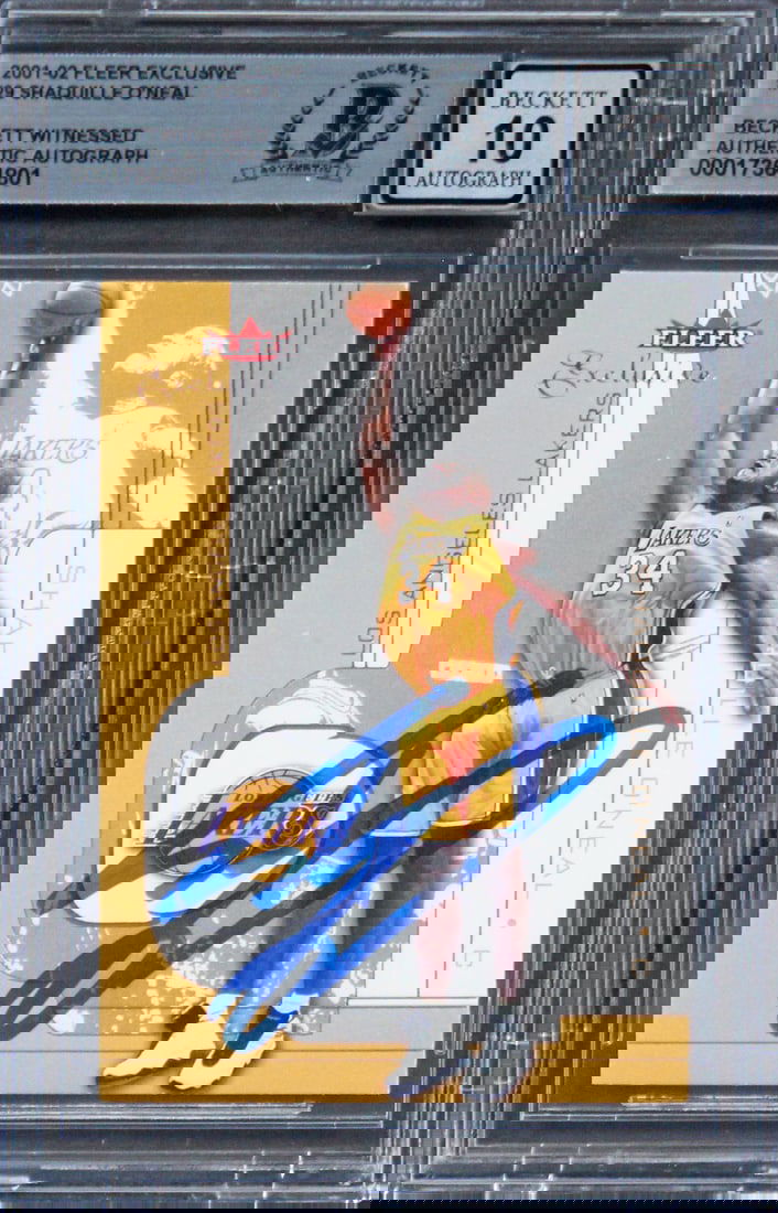 Shaquille O'Neal Signed 2001 Fleer Exclusive #29 Card Gem Mint 10 Beckett: Shaquille O'Neal Signed 2001 Fleer Exclusive #29 Card Gem Mint 10 Beckett This 2001 Fleer Exclusive #29 card features the legendary Shaquille O'Neal, personally signed by the basketball icon himself.