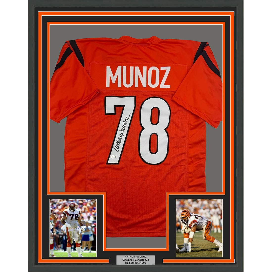 Anthony Munoz Signed Cincinnati Orange Jersey in 35x39 Frame BAS COA: Anthony Munoz Signed Cincinnati Orange Jersey in 35x39 Frame BAS COA This is a professionally framed and matted Cincinnati Bengals orange jersey autographed by Anthony Munoz. The display includes two