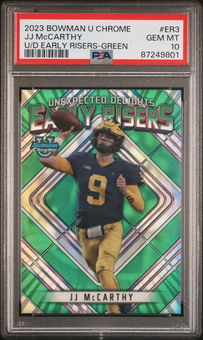 Graded 2023 Bowman U Chrome JJ McCarthy Green #/99 RC Football Card PSA 10: Graded 2023 Bowman U Chrome JJ McCarthy Green #/99 RC Football Card PSA 10 This is a graded 2023 Bowman U Chrome JJ McCarthy #ER3 Green #/99 rookie card, featuring the talented Michigan Wolverines pla