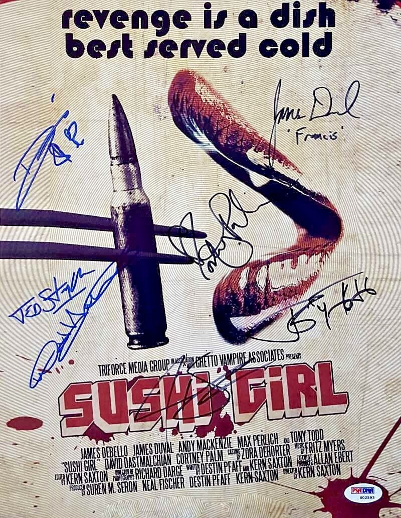 Sushi Girl Cast Signed 11x14 Photo Noah Hathaway James Duval Tony Todd PSA: Sushi Girl Cast Signed 11x14 Photo Noah Hathaway James Duval Tony Todd PSA This is an original 11x14 photograph from the film 'Sushi Girl', featuring the signatures of cast members Noah Hathaway, Jame