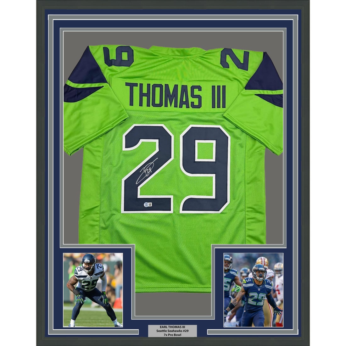 Seattle Green Jersey Signed by Earl Thomas III Framed with Beckett COA 35x39: Seattle Green Jersey Signed by Earl Thomas III Framed with Beckett COA 35x39 This framed display features an autographed Earl Thomas III Seattle Seahawks green jersey, professionally framed and matted