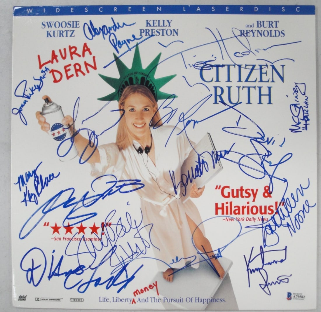 Citizen Ruth Laserdisc Hand Signed by Burt Reynolds Laura Dern Beckett Authenticated: Citizen Ruth Laserdisc Hand Signed by Burt Reynolds Laura Dern Beckett Authenticated This is a hand-signed laserdisc of the film 'Citizen Ruth,' featuring the authentic signatures of actors Burt Reyno