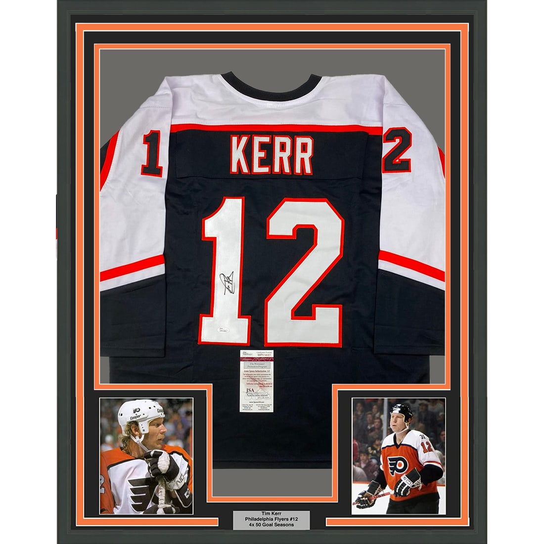 Framed Autographed Tim Kerr Philadelphia Flyers Jersey JSA COA 33x42: Framed Autographed Tim Kerr Philadelphia Flyers Jersey JSA COA 33x42 This professionally framed and matted autographed Tim Kerr jersey showcases the legendary Philadelphia Flyers player. The piece mea