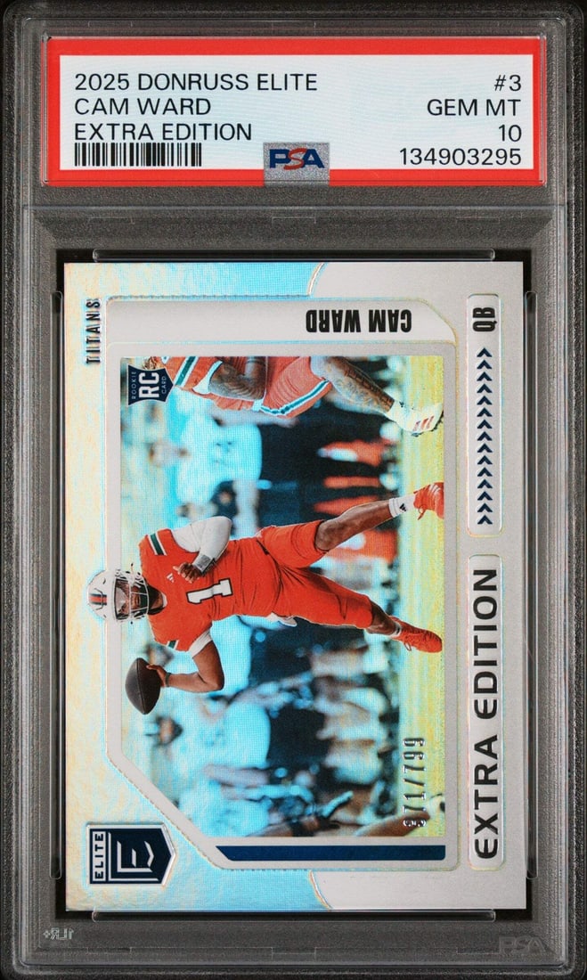 PSA 10 Cam Ward Rookie 2025 Donruss Elite Extra Edition Football Card #3 /799: PSA 10 Cam Ward Rookie 2025 Donruss Elite Extra Edition Football Card #3 /799 This is an original 2025 Donruss Elite Cam Ward #3 Extra Edition rookie football card, serial numbered out of 799. The car