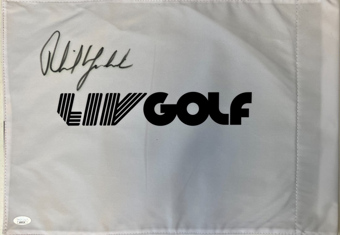 Phil Mickelson Signed LIV Golf #18 Pin Flag JSA Authenticated: Phil Mickelson Signed LIV Golf #18 Pin Flag JSA Authenticated Celebrate golf history with this authentic LIV Golf #18 pin flag, signed by the legendary Phil Mickelson. This official flag showcases a f