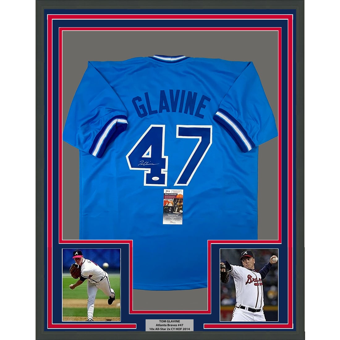 Framed Tom Glavine Signed Jersey 33x42 Atlanta Braves JSA COA Gem Mint: Framed Tom Glavine Signed Jersey 33x42 Atlanta Braves JSA COA Gem Mint Celebrate your love for baseball with this framed autographed jersey of Tom Glavine, featuring his signature authenticated by Jam