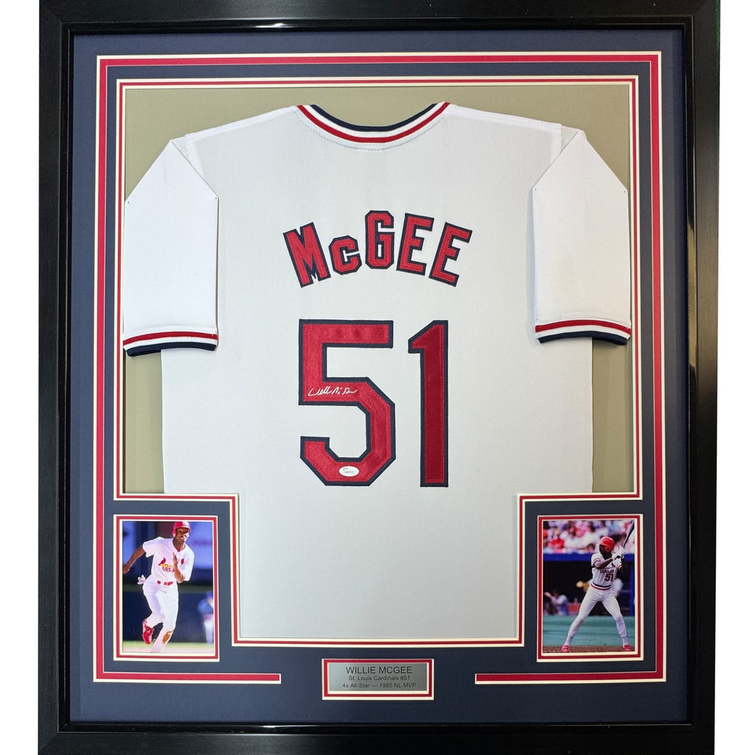 Willie McGee Signed St. Louis Cardinals Framed Jersey with JSA Authentication 33x42: Willie McGee Signed St. Louis Cardinals Framed Jersey with JSA Authentication 33x42 This framed St. Louis Cardinals white jersey features the authentic signature of Willie McGee. The jersey measures 3