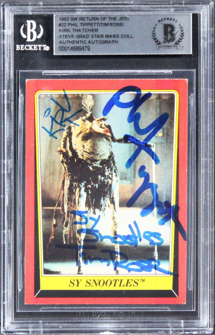Star Wars 1983 ROTJ #22 Card Signed by Tippett Rose Thatcher Beckett Authenticated: Star Wars 1983 ROTJ #22 Card Signed by Tippett Rose Thatcher Beckett Authenticated This is an authentic autographed 1983 Star Wars Return Of The Jedi #22 card featuring the inscription "Sy Snootles."