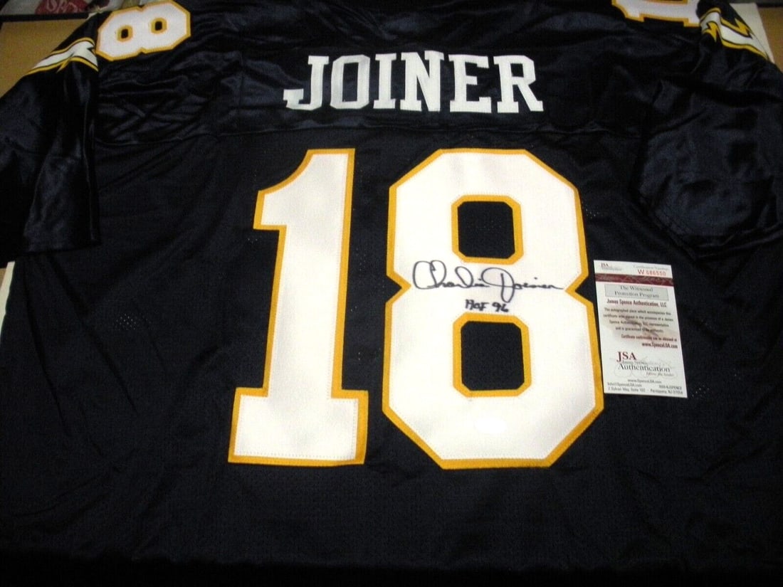 Charlie Joiner Signed Reebok Jersey Chargers HOF 1996 JSA COA: Charlie Joiner Signed Reebok Jersey Chargers HOF 1996 JSA COA This officially licensed Reebok jersey, featuring James Lofton, is a tribute to the NFL Hall of Famer known for his remarkable career with