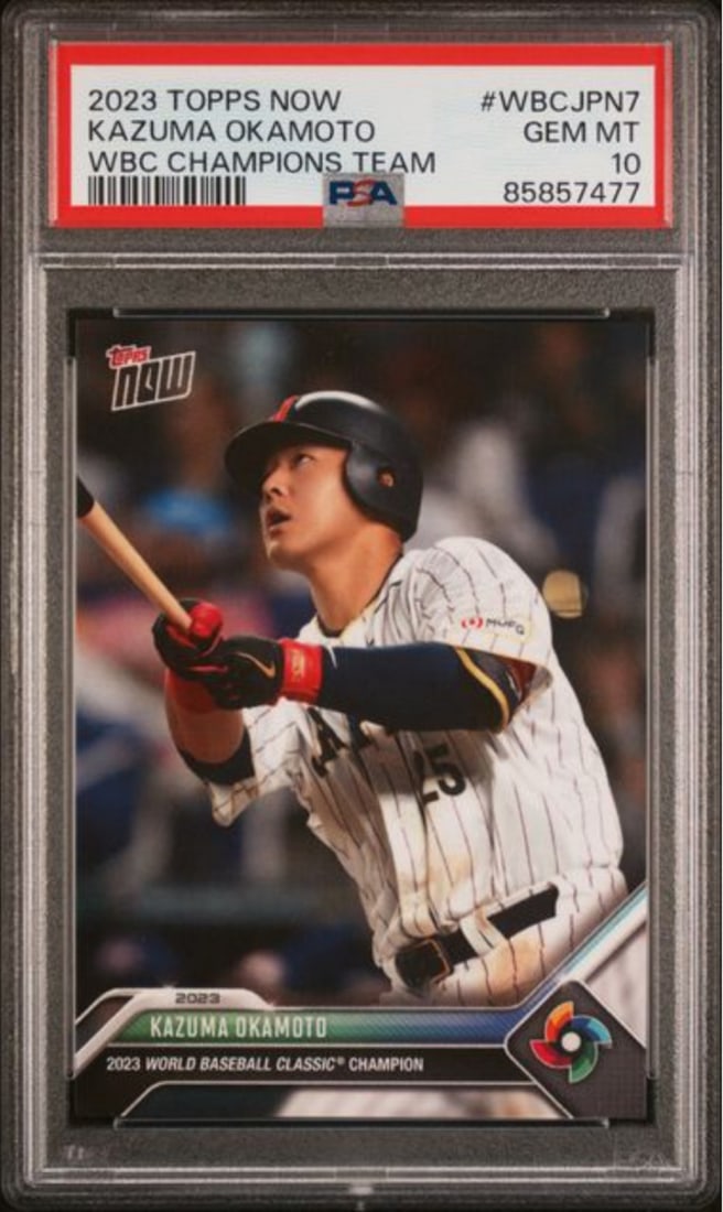 PSA 10 Gem Mint 2023 Topps Now Kazuma Okamoto Rookie WBC Card #WBCJPN7: PSA 10 Gem Mint 2023 Topps Now Kazuma Okamoto Rookie WBC Card #WBCJPN7 This is an original 2023 Topps Now Kazuma Okamoto #WBCJPN7 WBC Rookie RC card, professionally graded and encapsulated by Professi