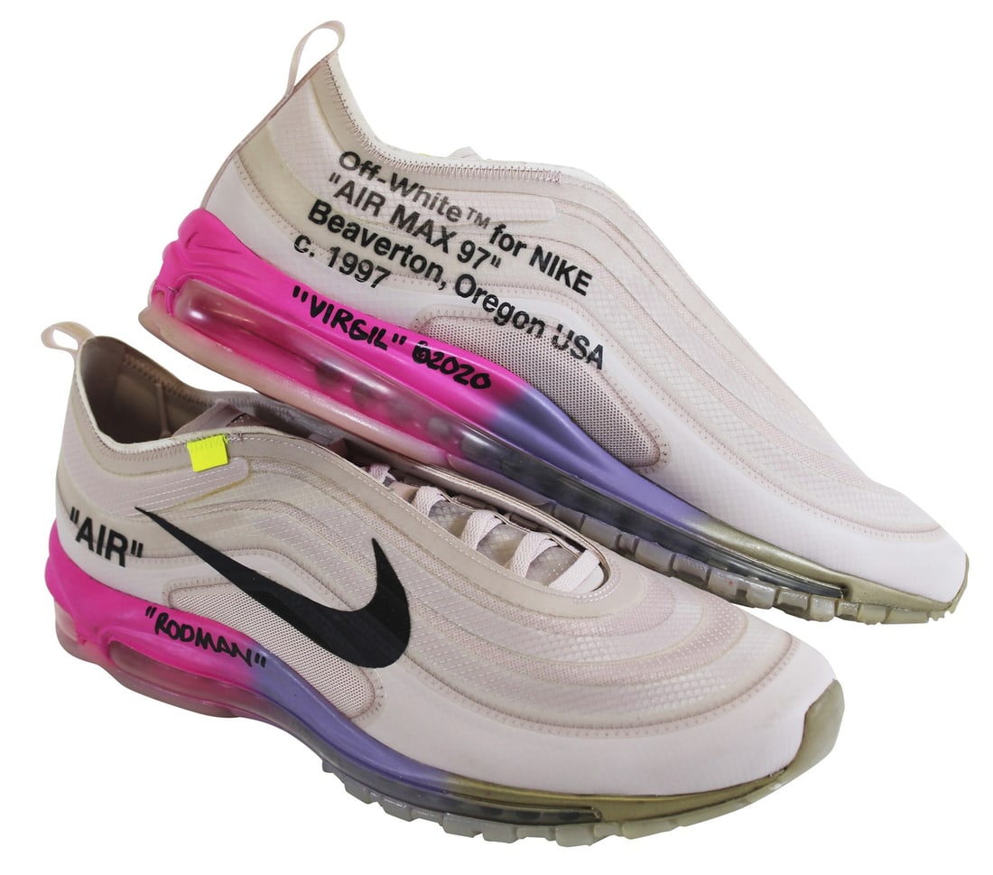 Virgil Abloh Signed Nike Air Max 97 Off-White Elemental Rose Shoes with Beckett COA Size 15: Virgil Abloh Signed Nike Air Max 97 Off-White Elemental Rose Shoes with Beckett COA Size 15 This ultra-rare pair of Nike Air Max 97 Off-White "Elemental Rose" Serena Queen shoes, designed by the iconi