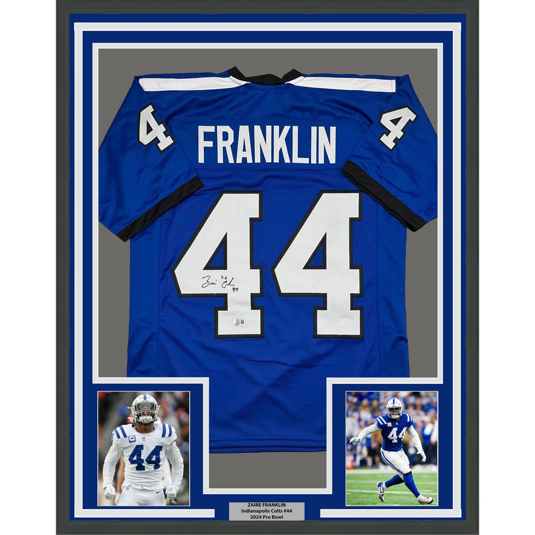 Zaire Franklin Signed Colts Jersey Display 35x39 With Beckett COA And Framing: Zaire Franklin Signed Colts Jersey Display 35x39 With Beckett COA And Framing This professionally framed and matted display features an Indianapolis Colts blue jersey autographed by Zaire Franklin. Th