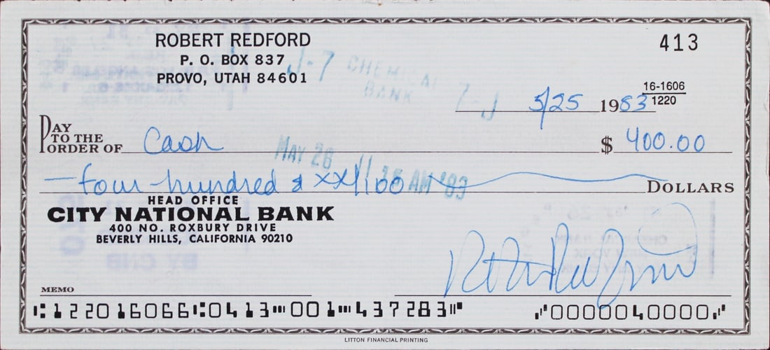 2.5x6 May 1983 Robert Redford Signed Personal Check Beckett Authenticated (1 of 3)
