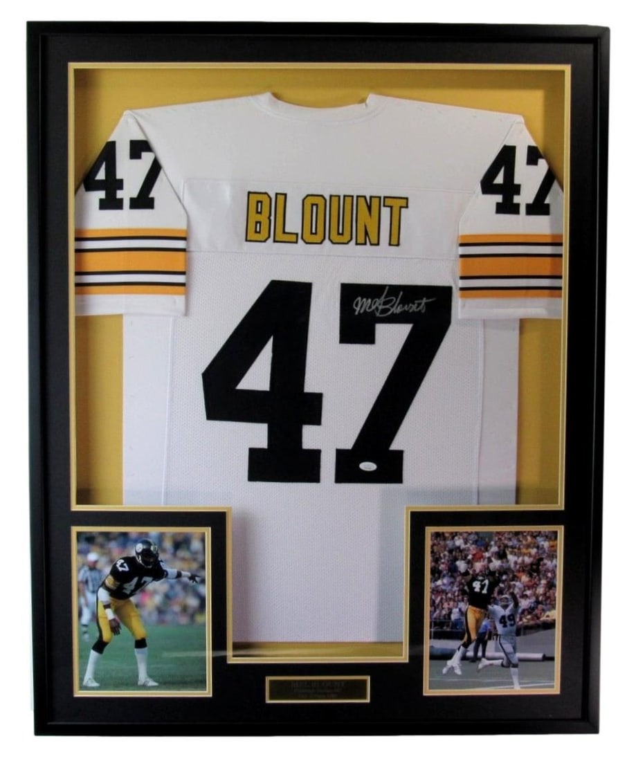 Framed Steelers Jersey Signed by Mel Blount with JSA Authentication: Framed Steelers Jersey Signed by Mel Blount with JSA Authentication Celebrate the legacy of Mel Blount with this stunning autographed black Pittsburgh Steelers jersey. This original jersey is beautifu