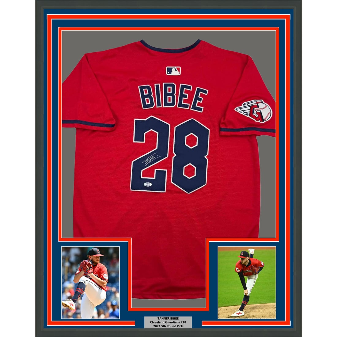 Framed Signed Tanner Bibee Jersey Cleveland Indians JSA Authenticated: Framed Signed Tanner Bibee Jersey Cleveland Indians JSA Authenticated Celebrate the legacy of Tanner Bibee with this stunning framed and autographed Cleveland Red Jersey. Measuring 35x39 inches, this