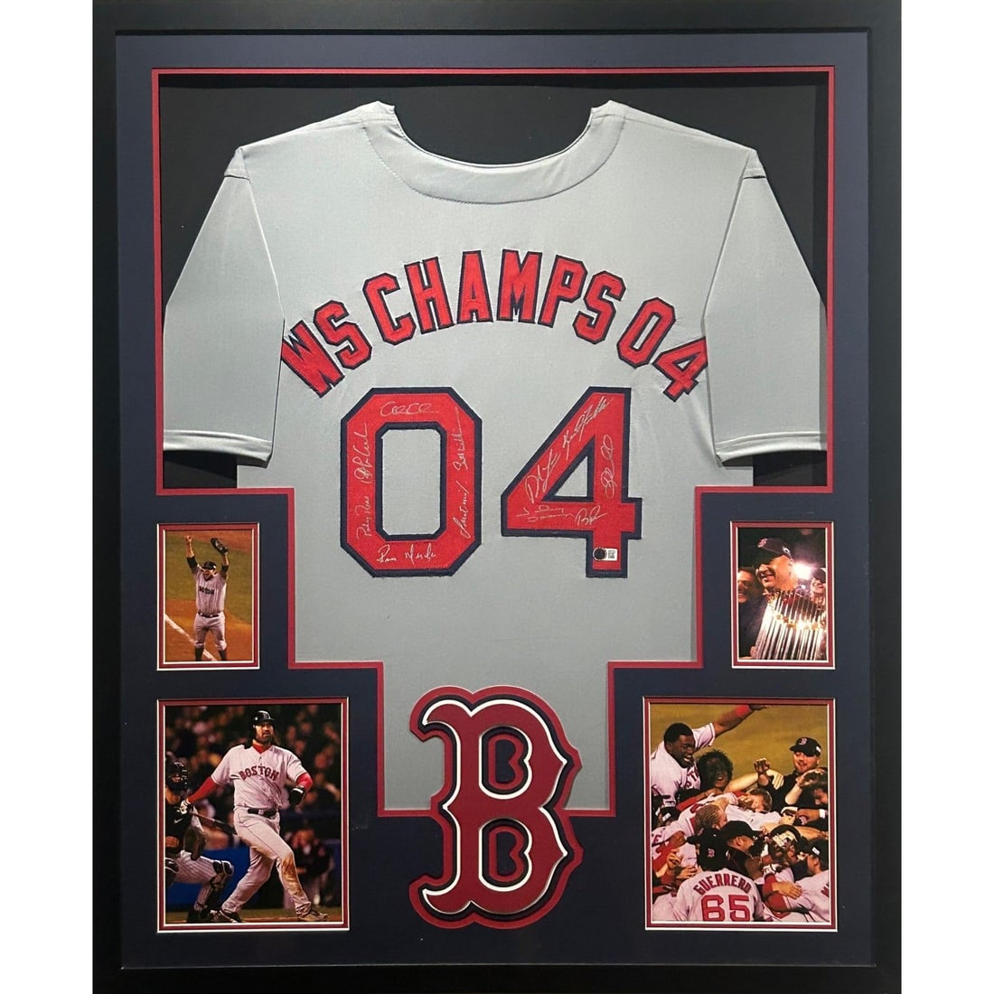 2004 Red Sox Signed Jersey by 11 Beckett Authenticated Framed Display: 2004 Red Sox Signed Jersey by 11 Beckett Authenticated Framed Display Celebrate the 2004 Boston Red Sox World Series Championship with this custom, framed jersey, size XL. This exceptional piece featu