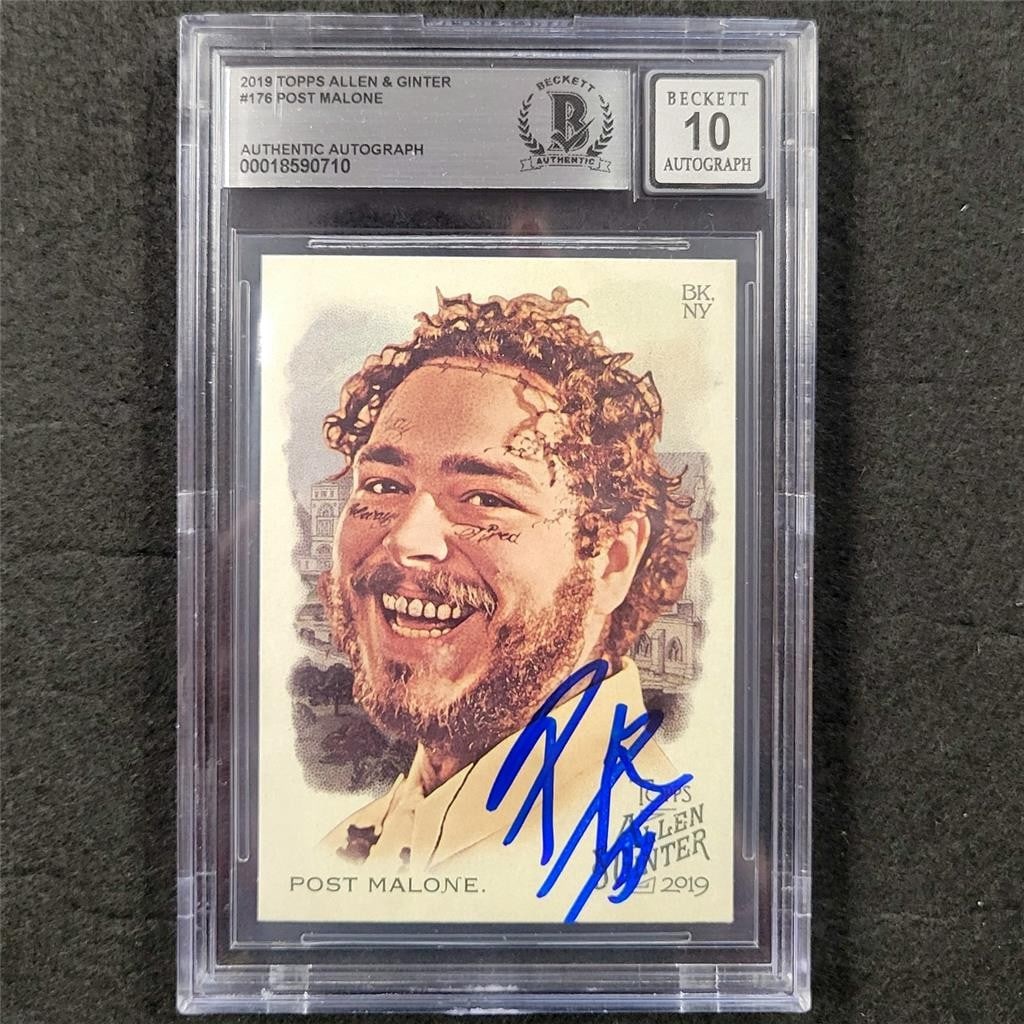 2019 Topps Allen & Ginter Post Malone Autographed Rookie Card BAS 10: 2019 Topps Allen & Ginter Post Malone Autographed Rookie Card BAS 10 This is a 2019 Topps Allen & Ginter #176 trading card featuring the signature of Post Malone. The card has been hard signed and aut