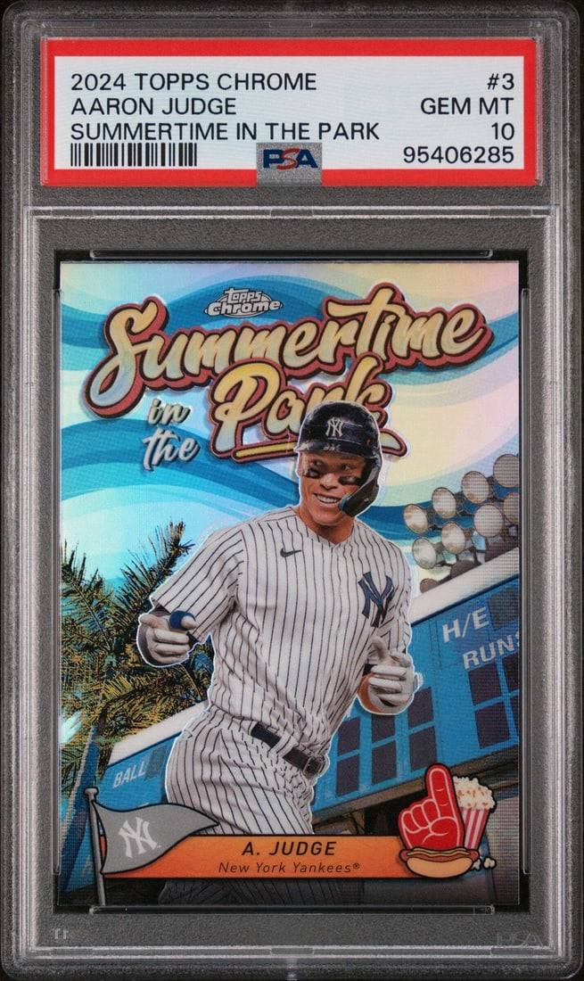 2024 Topps Chrome Aaron Judge #3 Baseball Card PSA 10 Authentic: 2024 Topps Chrome Aaron Judge #3 Baseball Card PSA 10 Authentic This is a graded 2024 Topps Chrome Aaron Judge #3 Summertime Baseball Card, achieving a perfect PSA 10 rating. The card features profess