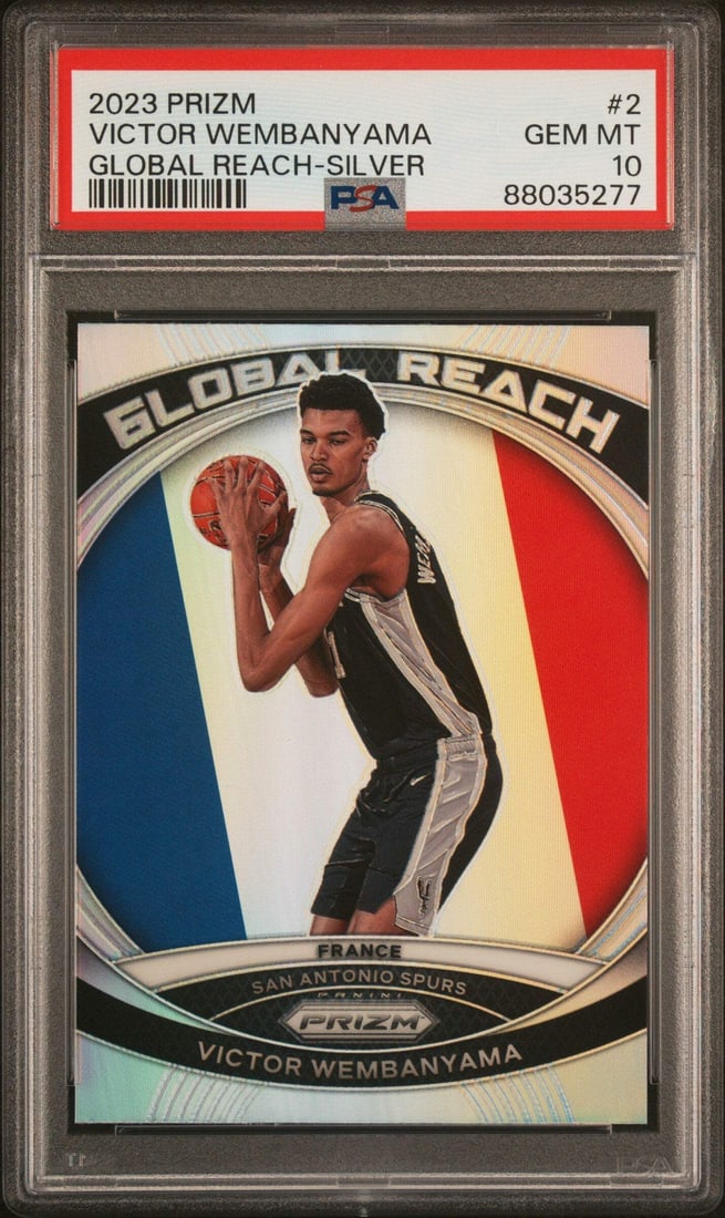 2023 Prizm Victor Wembanyama #2 Global Reach Basketball Card PSA 10: 2023 Prizm Victor Wembanyama #2 Global Reach Basketball Card PSA 10 This 2023 Prizm Victor Wembanyama #2 Global Reach SIL Basketball Card showcases an impressive grade of 10, certified by Professional