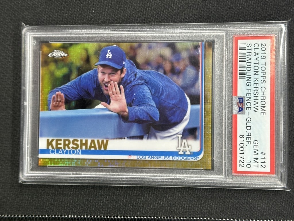 Clayton Kershaw 2019 Topps Chrome Gold Variation SP PSA 10 #112: Clayton Kershaw 2019 Topps Chrome Gold Variation SP PSA 10 #112 This is a highly sought-after 2019 Topps Chrome On Fence Gold Variation SP baseball card featuring Clayton Kershaw of the Los Angeles Do