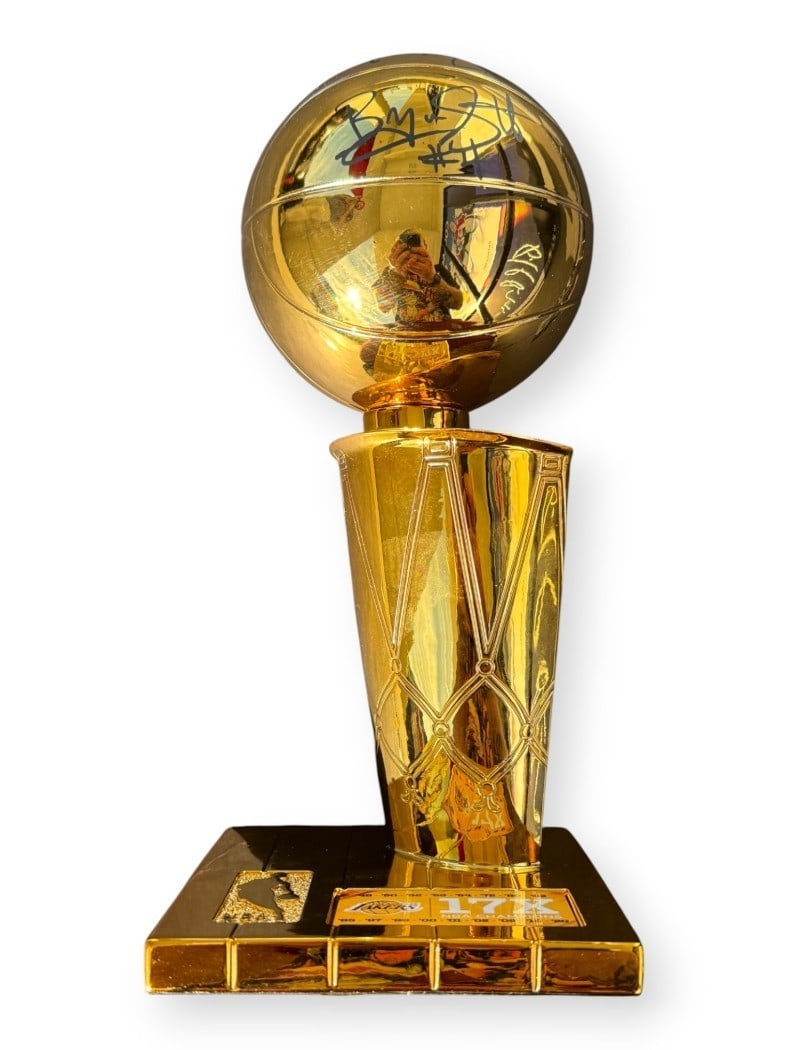 Mini Larry O'Brien Trophy Signed by AC Green Byron Scott Michael Cooper Lakers JSA: Mini Larry O'Brien Trophy Signed by AC Green Byron Scott Michael Cooper Lakers JSA This mini Larry O'Brien Trophy features authentic signatures from AC Green, Byron Scott, and Michael Cooper of the Lo