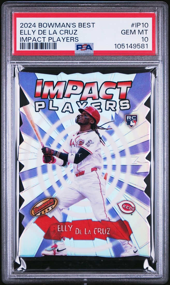 2024 Bowman's Best Elly De La Cruz Impact RC Baseball Card PSA 10: 2024 Bowman's Best Elly De La Cruz Impact RC Baseball Card PSA 10 This is a graded 2024 Bowman's Best Elly De La Cruz #IP10 Impact RC Baseball Card, rated PSA 10. It features the Cincinnati Reds playe