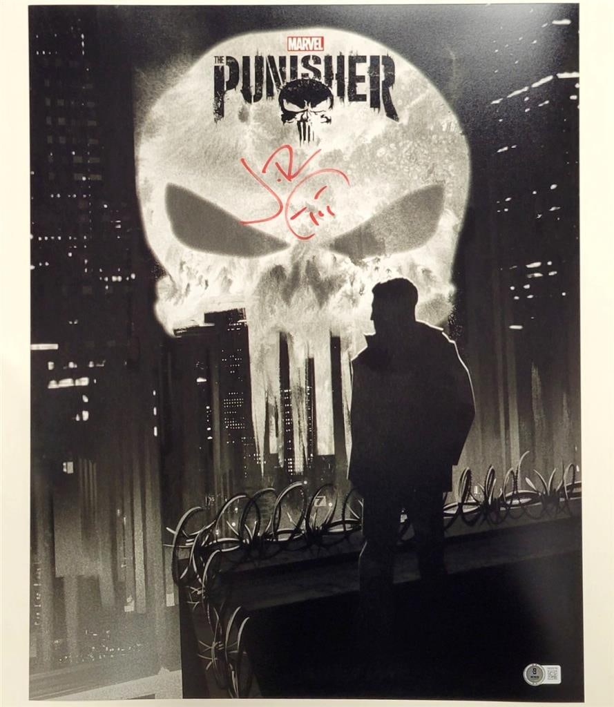 Jon Bernthal Autographed 16x20 Punisher Photo Beckett Certified: Jon Bernthal Autographed 16x20 Punisher Photo Beckett Certified This authentic 16x20 photo sketch features Jon Bernthal's signature, capturing his iconic role as The Punisher from the Marvel universe.