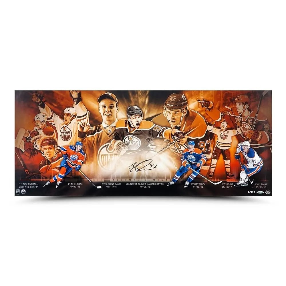 Connor McDavid Autographed 15x36 Photo Limited Edition Oilers #/100: Connor McDavid Autographed 15x36 Photo Limited Edition Oilers #/100 Celebrate the achievements of Connor McDavid with this stunning autographed 15x36 photo, showcasing his remarkable accomplishments.