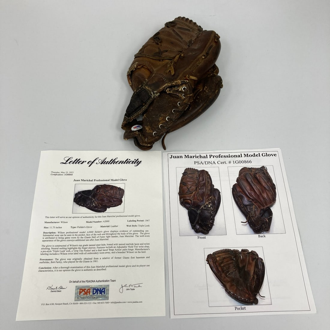 1967 Juan Marichal Game Used Wilson A2000 Glove with PSA DNA COA: 1967 Juan Marichal Game Used Wilson A2000 Glove with PSA DNA COA This rare 1967 Juan Marichal game-used Wilson baseball glove is a remarkable piece of baseball history. Used during his Hall of Fame ca