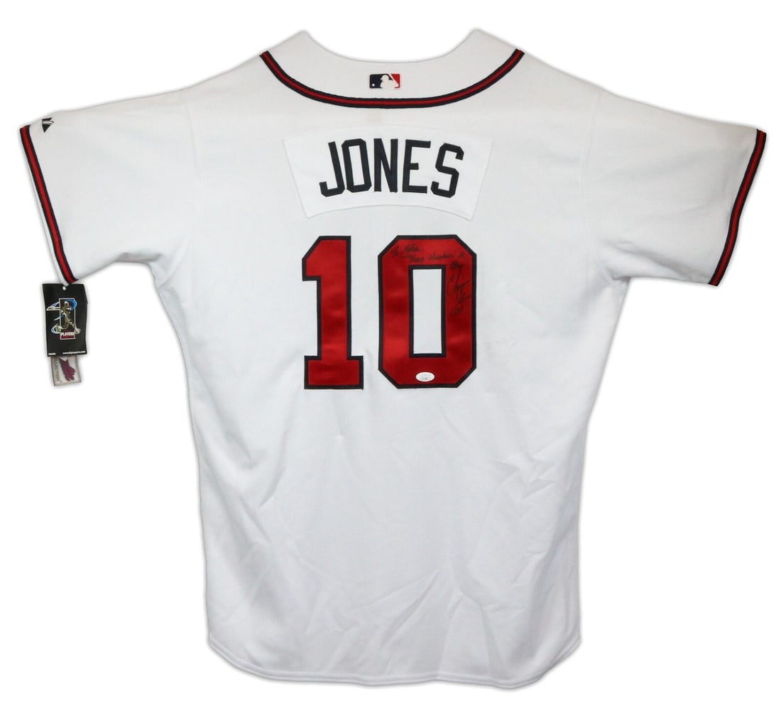 Chipper Jones Signed Atlanta Braves Jersey with JSA COA: Chipper Jones Signed Atlanta Braves Jersey with JSA COA Celebrate the legacy of Chipper Jones with this authentic Atlanta Braves jersey. This classic white jersey, adorned with striking red and blue p