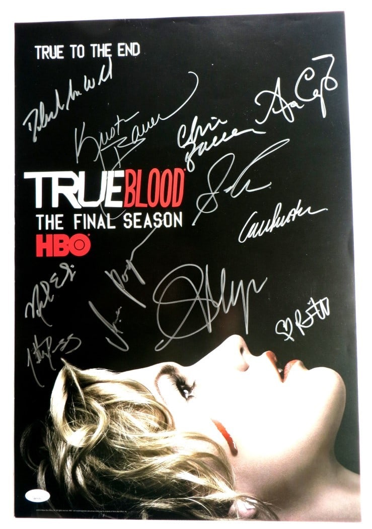 True Blood Cast Signed 13x20 Poster 11 Autographs JSA Authenticated: True Blood Cast Signed 13x20 Poster 11 Autographs JSA Authenticated Celebrate the iconic series with this original True Blood cast autographed poster, measuring 13x20 inches. This remarkable piece is