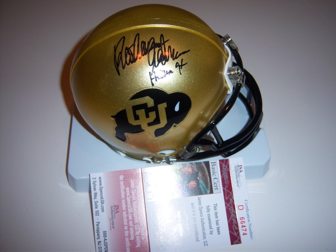 Rashaan Salaam Signed Colorado Buffaloes Mini Helmet JSA COA: Rashaan Salaam Signed Colorado Buffaloes Mini Helmet JSA COA This mini helmet, signed by Rashaan Salaam, commemorates his achievement as a Heisman Trophy winner. It represents the Colorado Buffaloes f