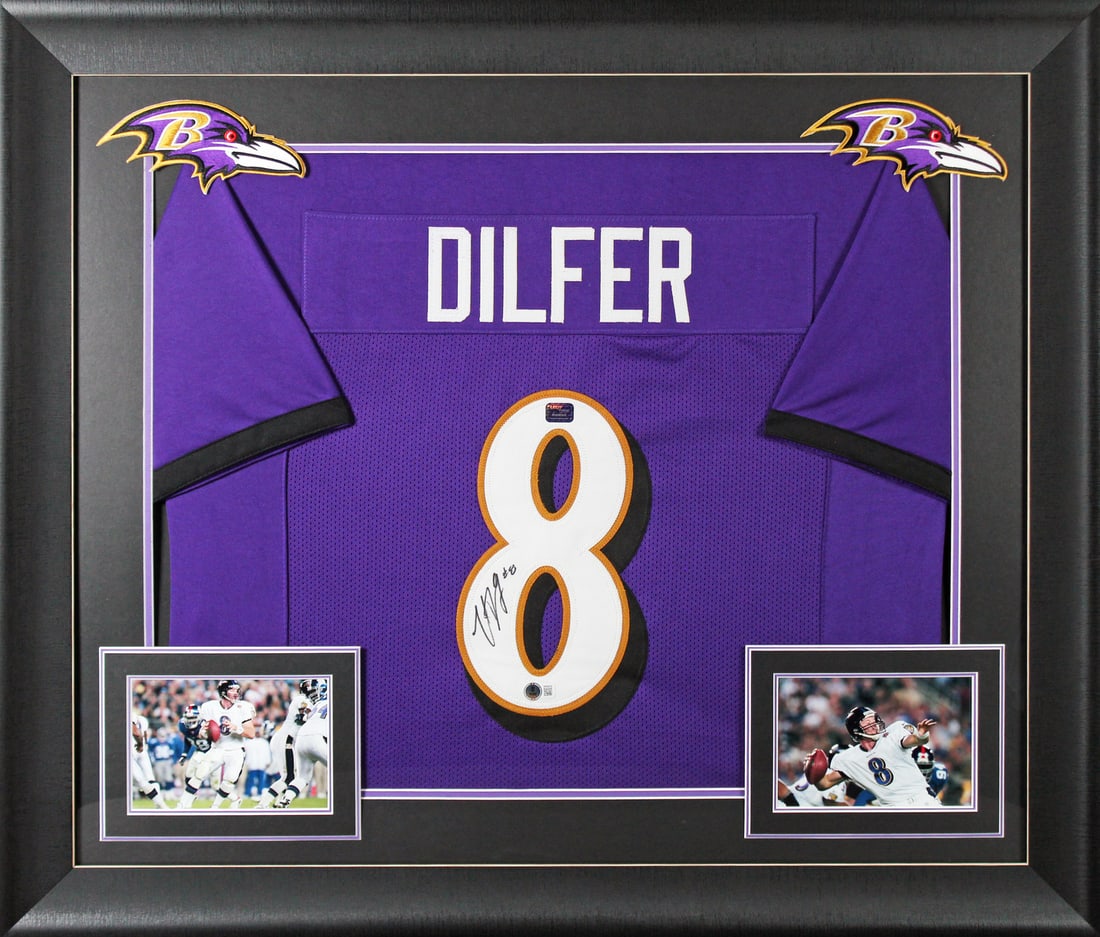 Trent Dilfer Signed Purple Pro Style Jersey Framed BAS Witnessed Baltimore Ravens: Trent Dilfer Signed Purple Pro Style Jersey Framed BAS Witnessed Baltimore Ravens This Trent Dilfer authentic signed purple pro style framed jersey is a must-have for any Baltimore Ravens fan. Persona