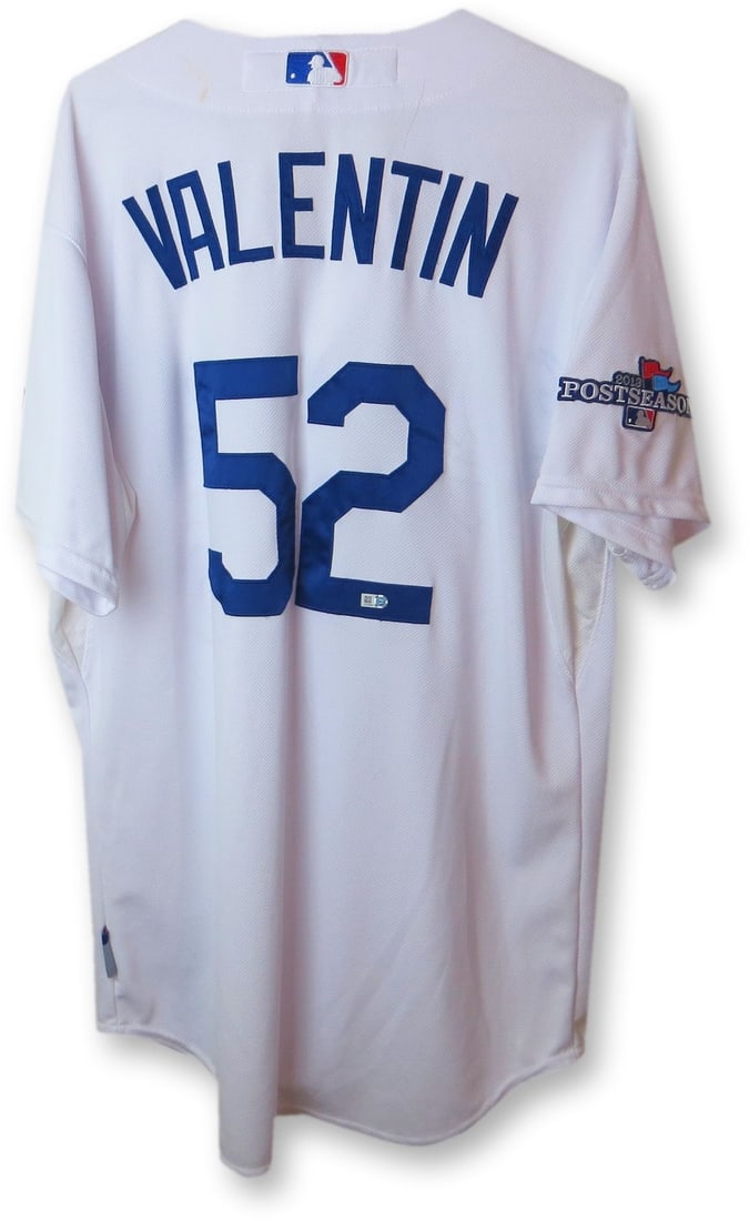 Jesmuel Valentin 2013 Dodgers Home Jersey #52 MLB Authenticated: Jesmuel Valentin 2013 Dodgers Home Jersey #52 MLB Authenticated Celebrate the Los Angeles Dodgers with this authentic team issue jersey worn by Jesmuel Valentin during the 2013 playoffs. This home whi