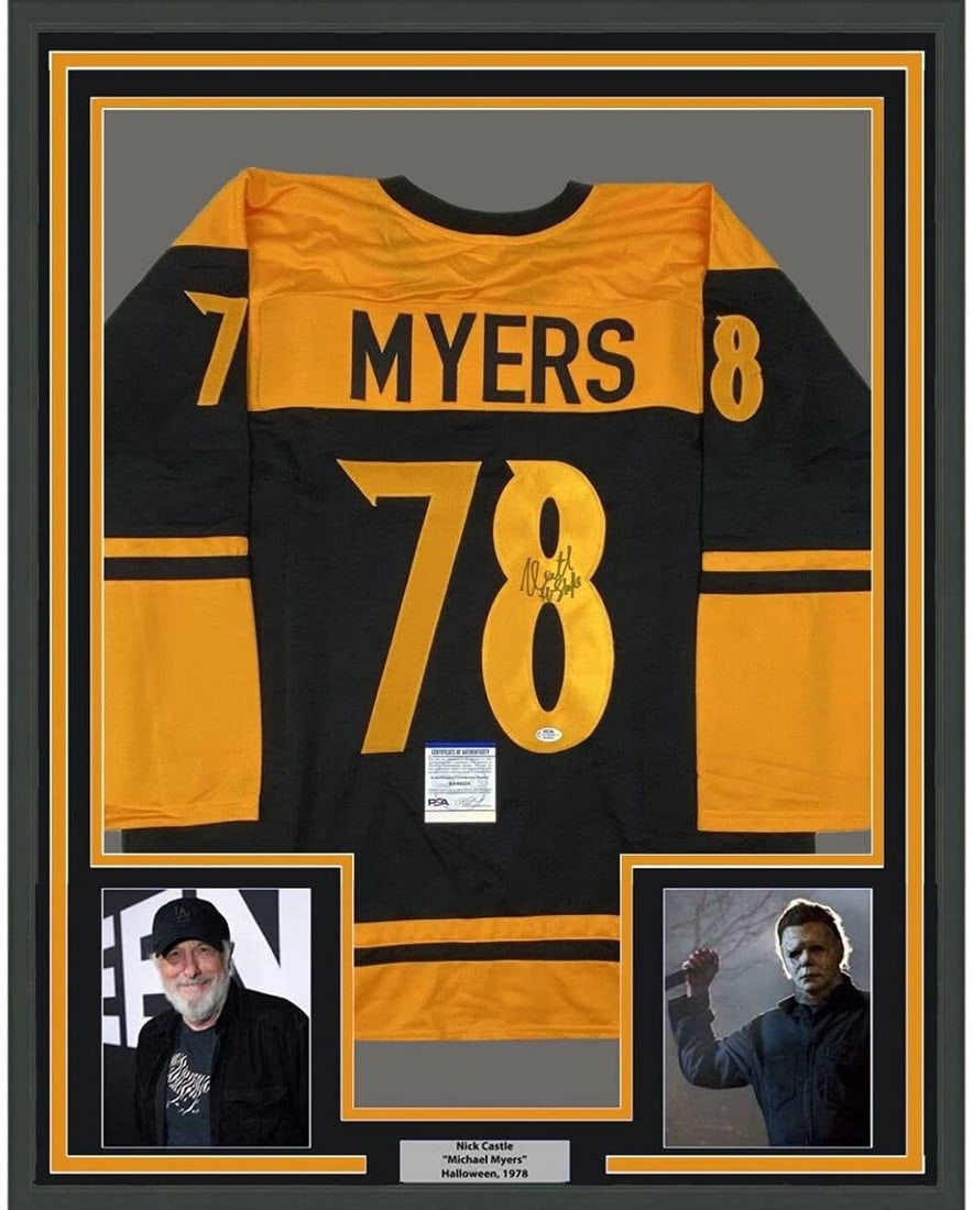 Framed Nick Castle Autographed Halloween Jersey 33x42 PSA/DNA COA: Framed Nick Castle Autographed Halloween Jersey 33x42 PSA/DNA COA This professionally framed and matted display features an autographed black Halloween jersey signed by Nick Castle, known for his role