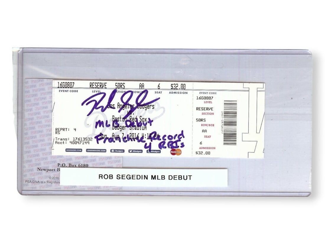 Rob Segedin Signed Ticket Stub Dodgers MLB Debut 4 RBIs PSA/DNA (1 of 2)