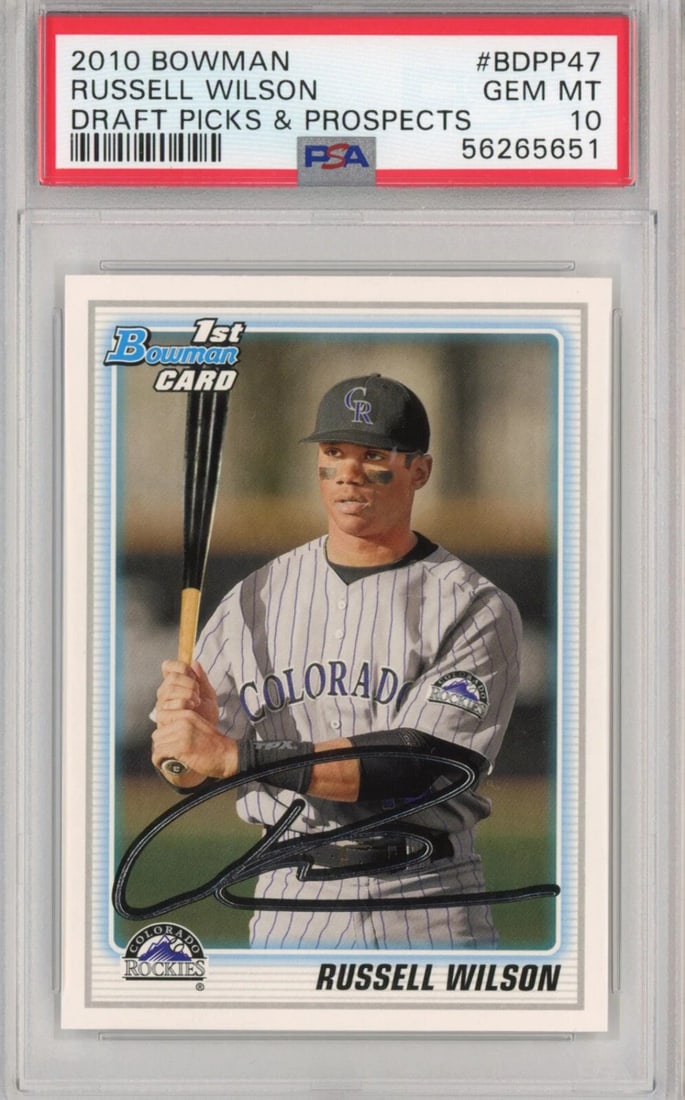 2010 Bowman Russell Wilson Rookie Card #BDPP47 PSA 10 Mint: 2010 Bowman Russell Wilson Rookie Card #BDPP47 PSA 10 Mint This 2010 Bowman Draft Picks & Prospects Russell Wilson rookie card (#BDPP47) is graded a perfect PSA 10 Mint, signifying its exceptional con