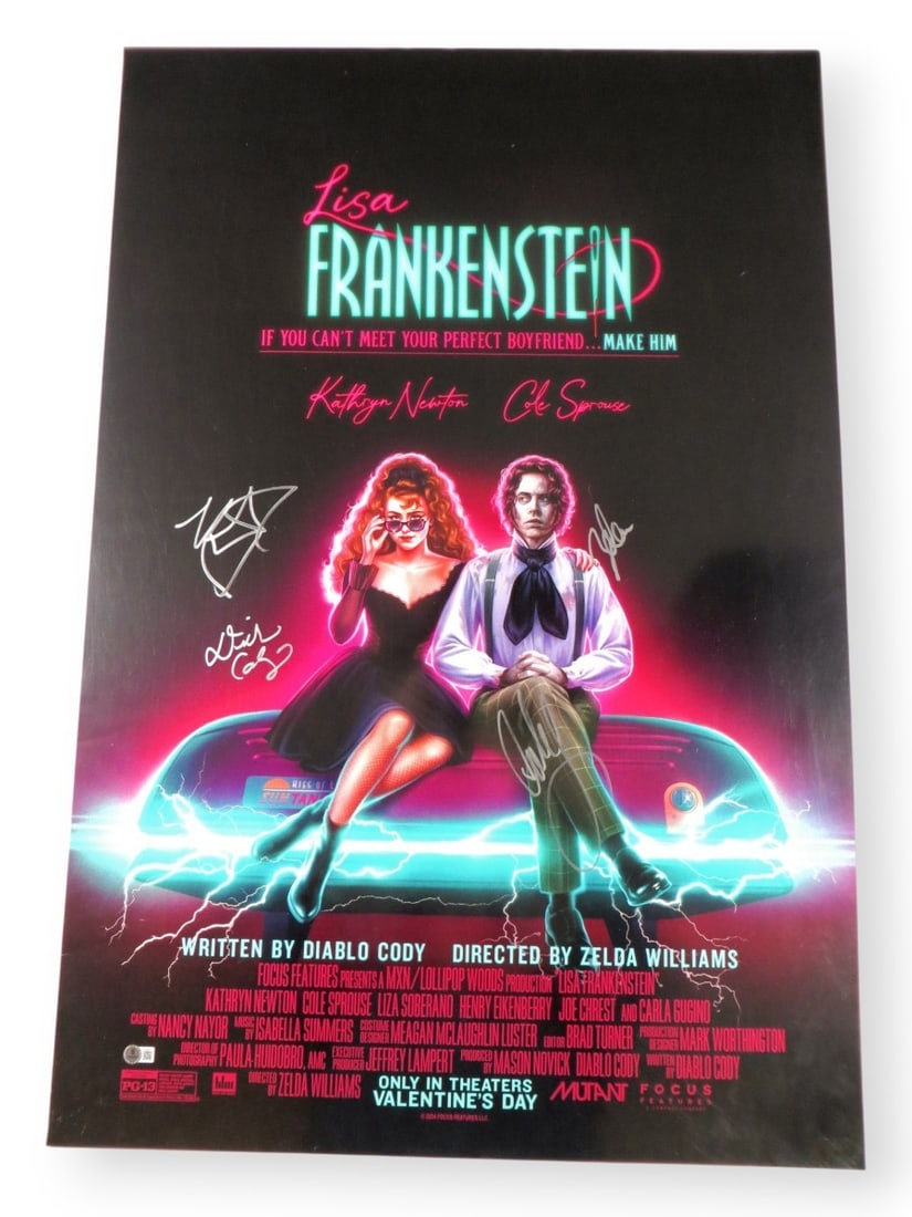 Lisa Frankenstein Signed 27x40 Poster Kathryn Newton Cole Sprouse Beckett Authenticated: Lisa Frankenstein Signed 27x40 Poster Kathryn Newton Cole Sprouse Beckett Authenticated This is an original 27x40 poster of 'Lisa Frankenstein,' featuring the signatures of Kathryn Newton, Cole Sprous