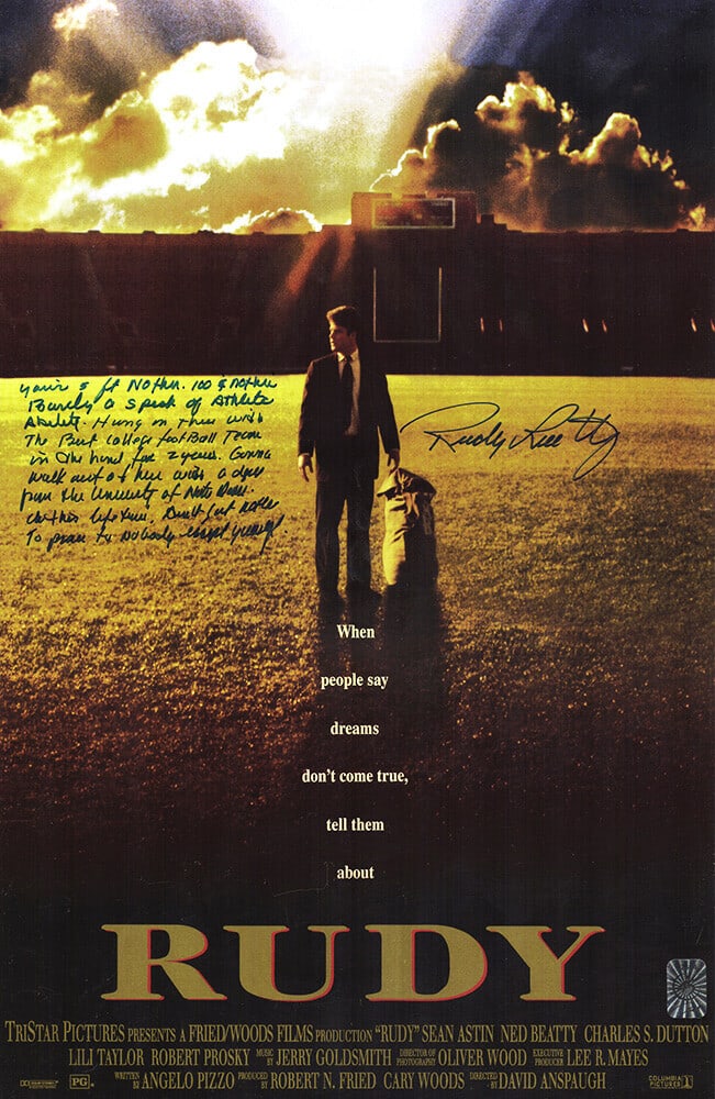 Rudy Ruettiger Signed Rudy Movie Poster 11x17 with Quote COA: Rudy Ruettiger Signed Rudy Movie Poster 11x17 with Quote COA Rudy Ruettiger Signed Rudy Movie Poster 11x17 with Quote COA This original 11x17 movie poster of 'Rudy' is signed by Rudy Ruettiger and fea