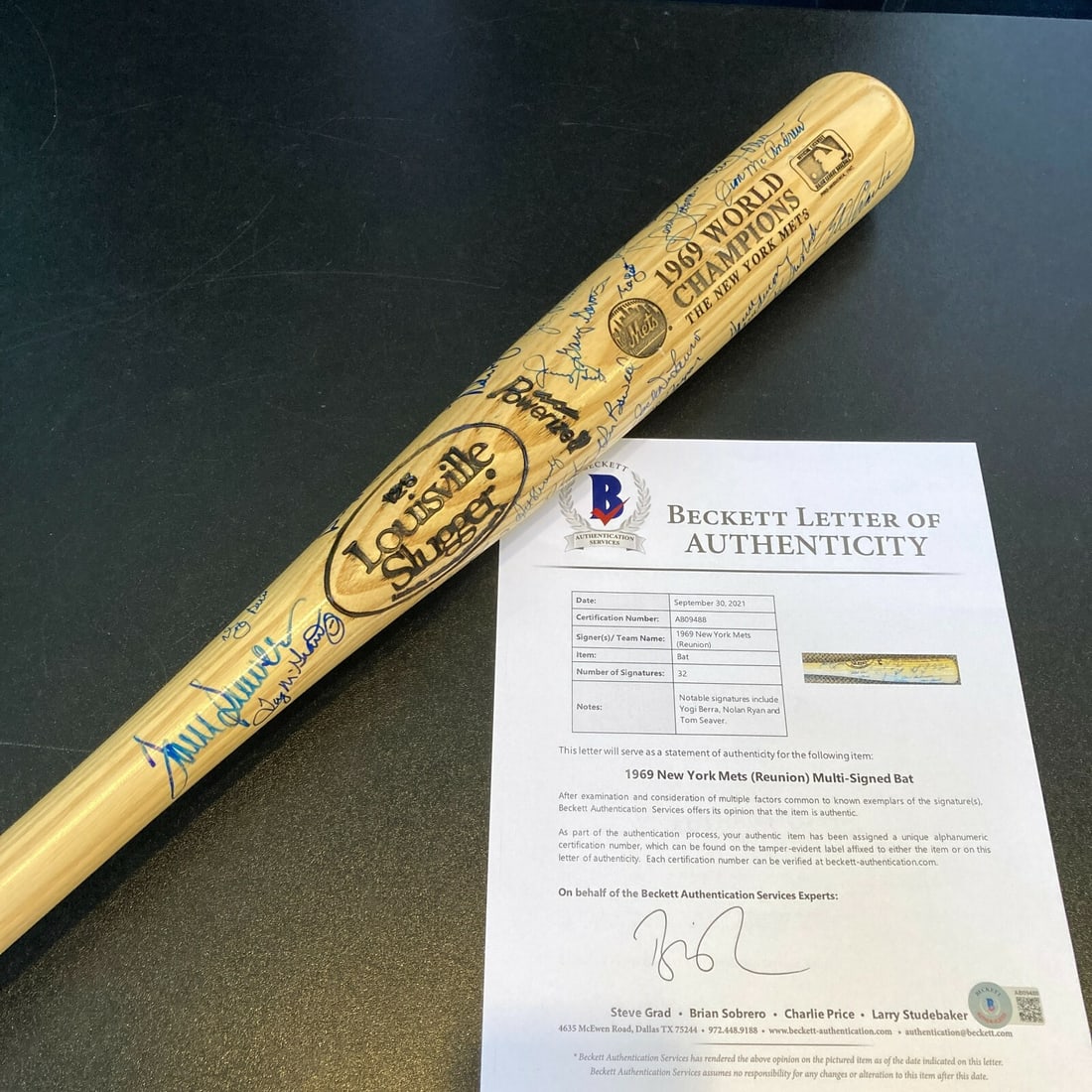 1969 New York Mets Team Signed Bat Nolan Ryan Tom Seaver 32 Signatures BAS LOA: 1969 New York Mets Team Signed Bat Nolan Ryan Tom Seaver 32 Signatures BAS LOA Celebrate the 1969 World Series Championship with this original team-signed bat from the New York Mets. This Louisville S