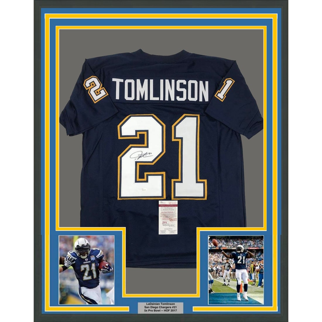 LaDainian Tomlinson Signed Dark Blue Jersey Framed 33x42 With JSA Authentication: LaDainian Tomlinson Signed Dark Blue Jersey Framed 33x42 With JSA Authentication This professionally framed and matted display features a dark blue LaDainian Tomlinson jersey, autographed by the playe