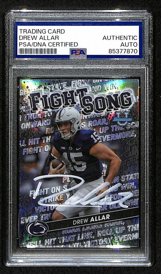 Drew Allar Signed 2022 Bowman U Chrome Rookie Card PSA/DNA: Drew Allar Signed 2022 Bowman U Chrome Rookie Card PSA/DNA This is a Drew Allar signed and autographed 2022 Bowman U Chrome Rookie Card #FS-2 from Penn State. The card is authenticated by PSA/DNA, ens
