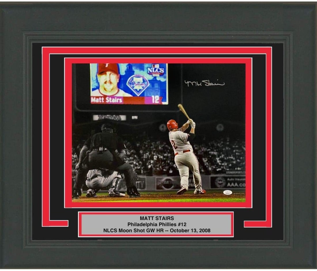 Framed Matt Stairs Autographed 16x20 Photo Phillies JSA COA: Framed Matt Stairs Autographed 16x20 Photo Phillies JSA COA This professionally framed and matted 16x20 photo captures the iconic Moon Shot by Matt Stairs, a notable player for the Philadelphia Philli