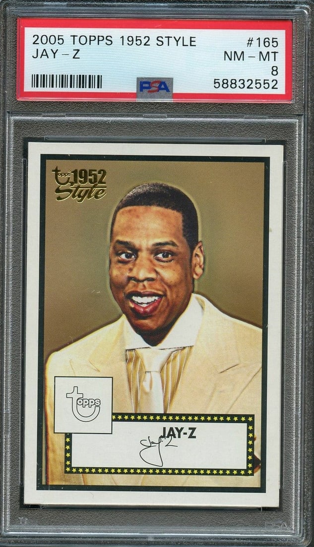 2005 Topps Jay-Z Rookie Card #165 PSA NM-Mint 8: 2005 Topps Jay-Z Rookie Card #165 PSA NM-Mint 8 This is a 2005 Topps 1952 Style #165 rookie card featuring Jay-Z, graded PSA NM-Mint 8. The high grade reflects its excellent condition, making it a fan