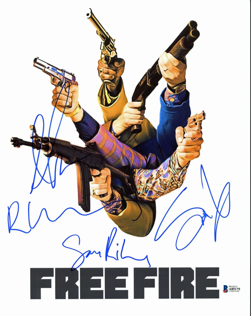 Free Fire Signed 11x14 Photo by Hammer Riley Wheatley Copley BAS Certified: Free Fire Signed 11x14 Photo by Hammer Riley Wheatley Copley BAS Certified This authentic signed 11x14 photo features the signatures of Armie Hammer, Sam Riley, Ben Wheatley, and Sharlto Copley from t